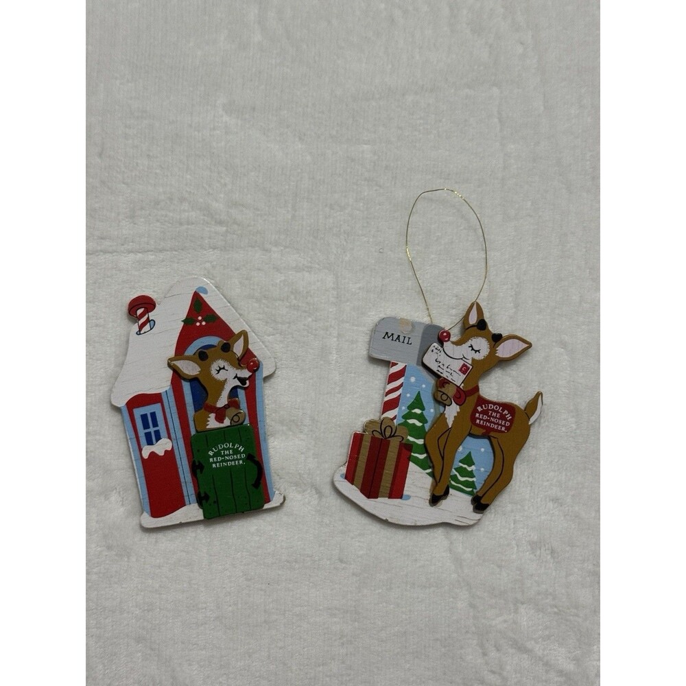 Kurt Adler Rudolph Red Nosed Christmas Tree Ornaments Wooden Lot of 2 1987